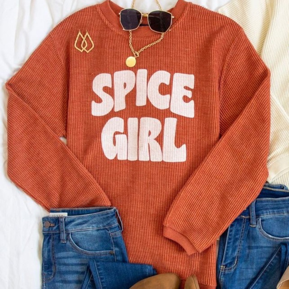 Pink Lily Spice Girl Graphic Orange Corded Sweatshirt Fall Size Medium 🎃